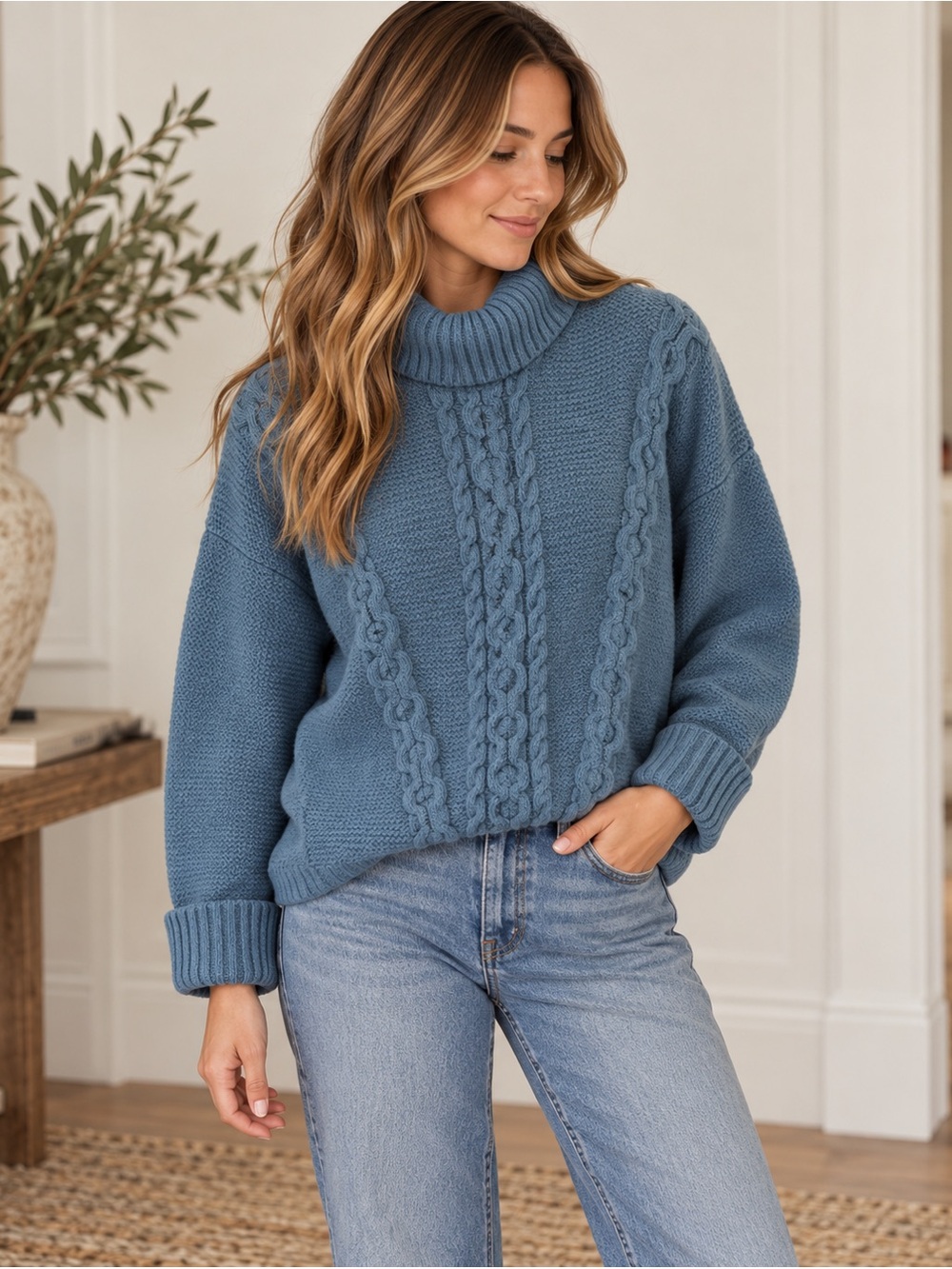 L.L. Bean Cable Knit Turtleneck Sweater - Dusty Blue